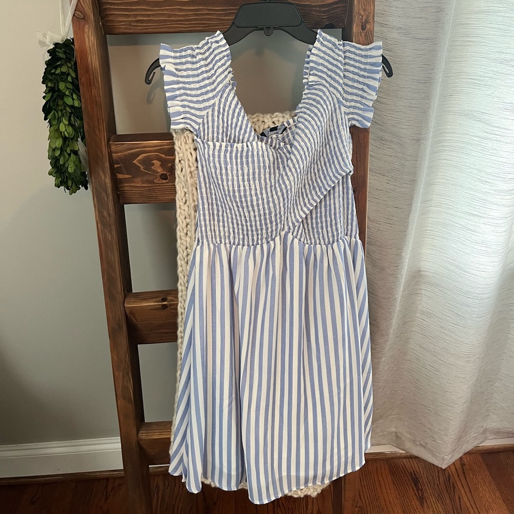 Blue and white off the shoulder dress